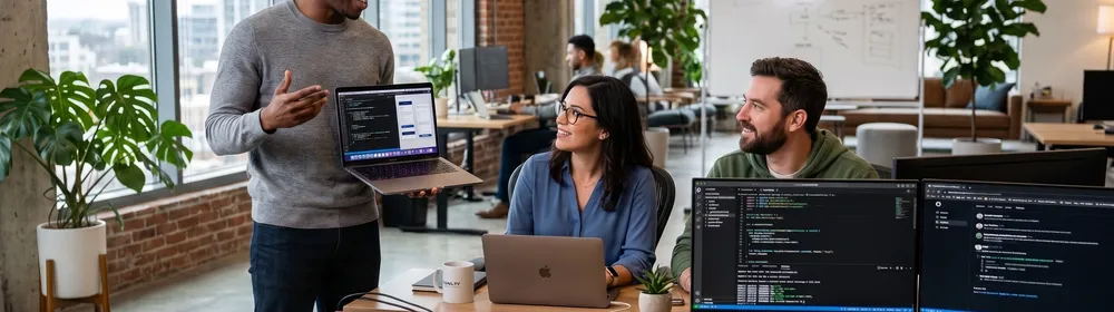 Equipo de trabajo colaborando frente a monitores